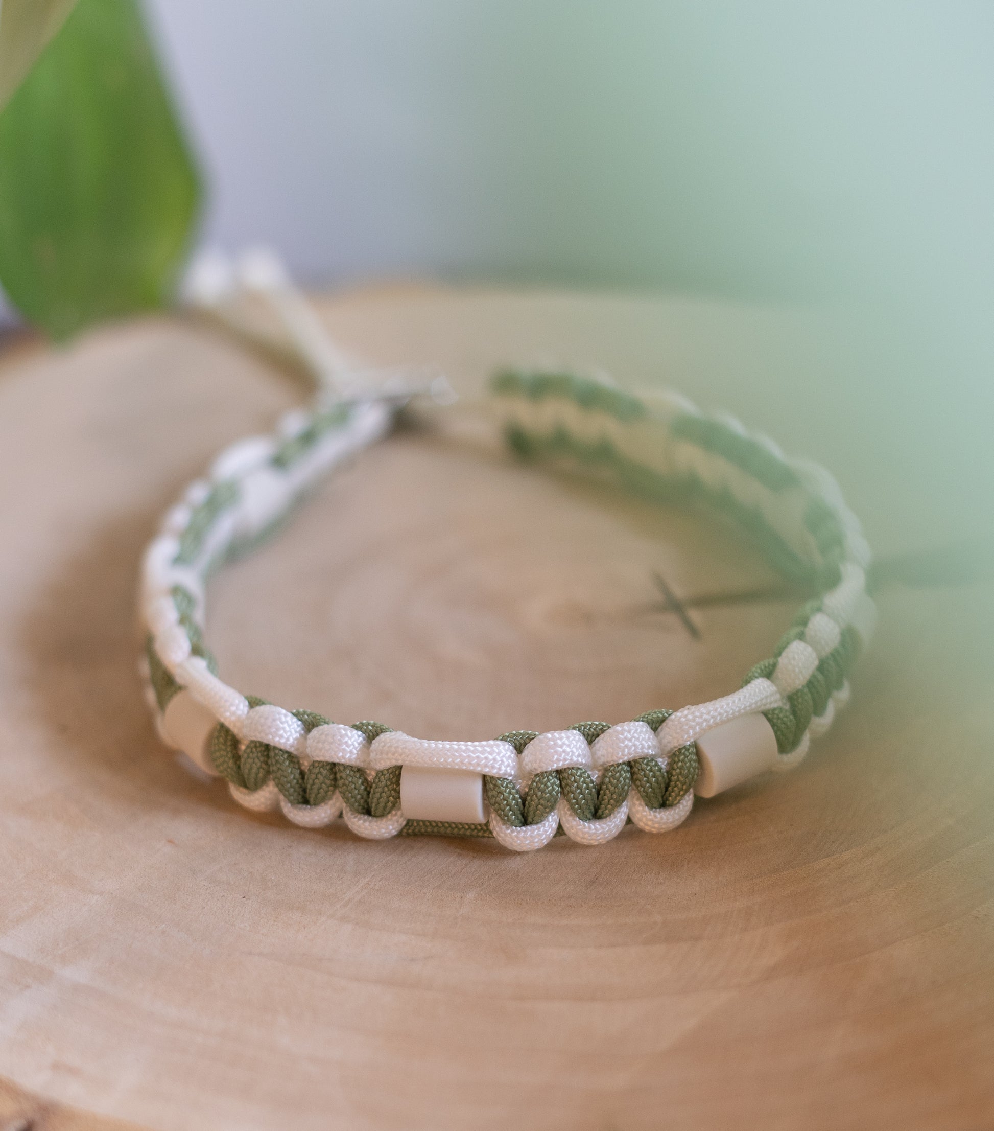 Collier anti-tiques naturel pour chien tressé en paracorde vert sauge et blanc, posé sur une tranche de bois brut. Les perles en céramique EM sont bien visibles dans le tissage. L'image présente une ambiance douce et végétale avec des feuilles floues au premier plan.