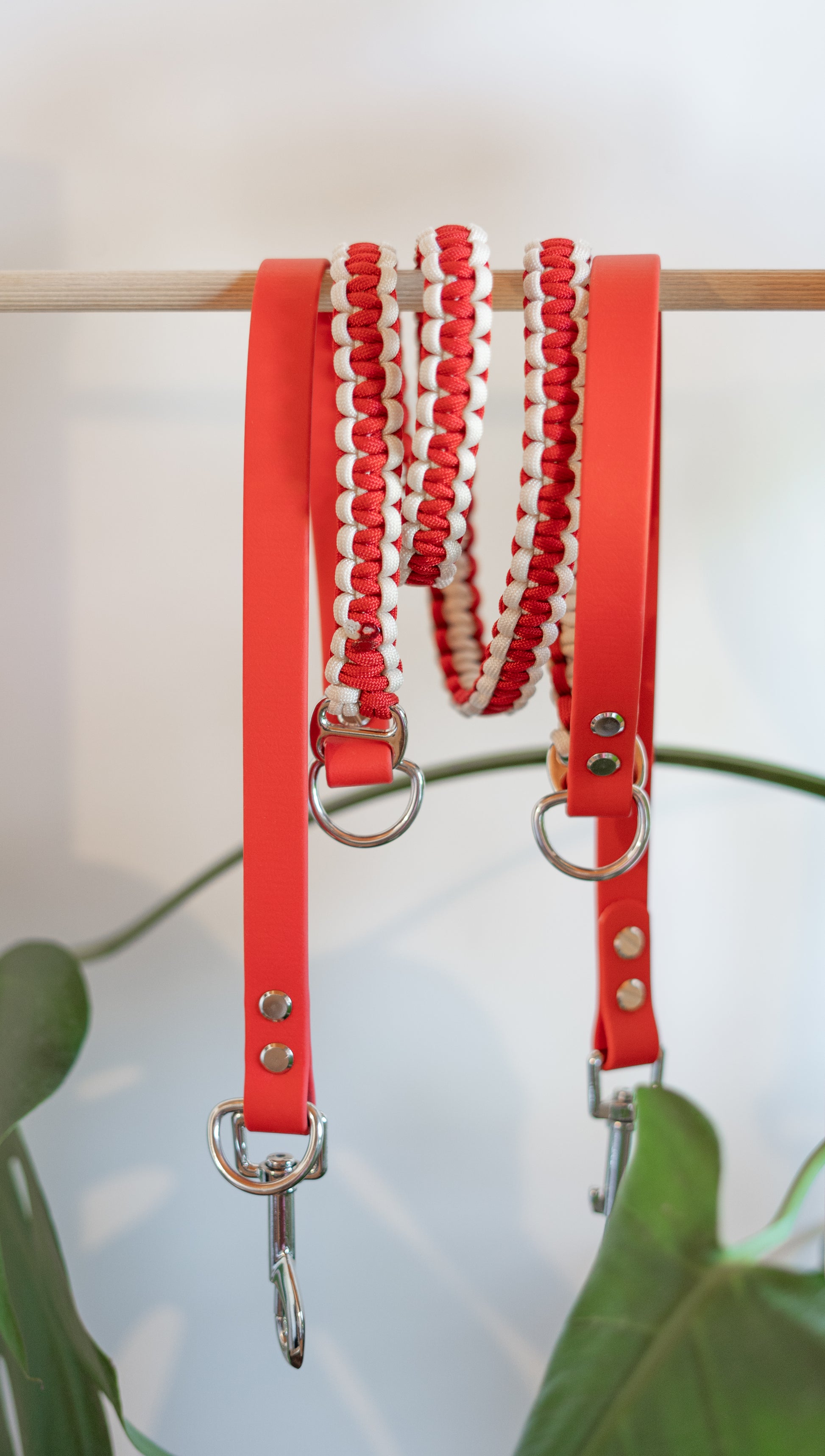 Laisse rouge et blanche multipositions en biothane et paracorde pour promener son chien en toute situation 