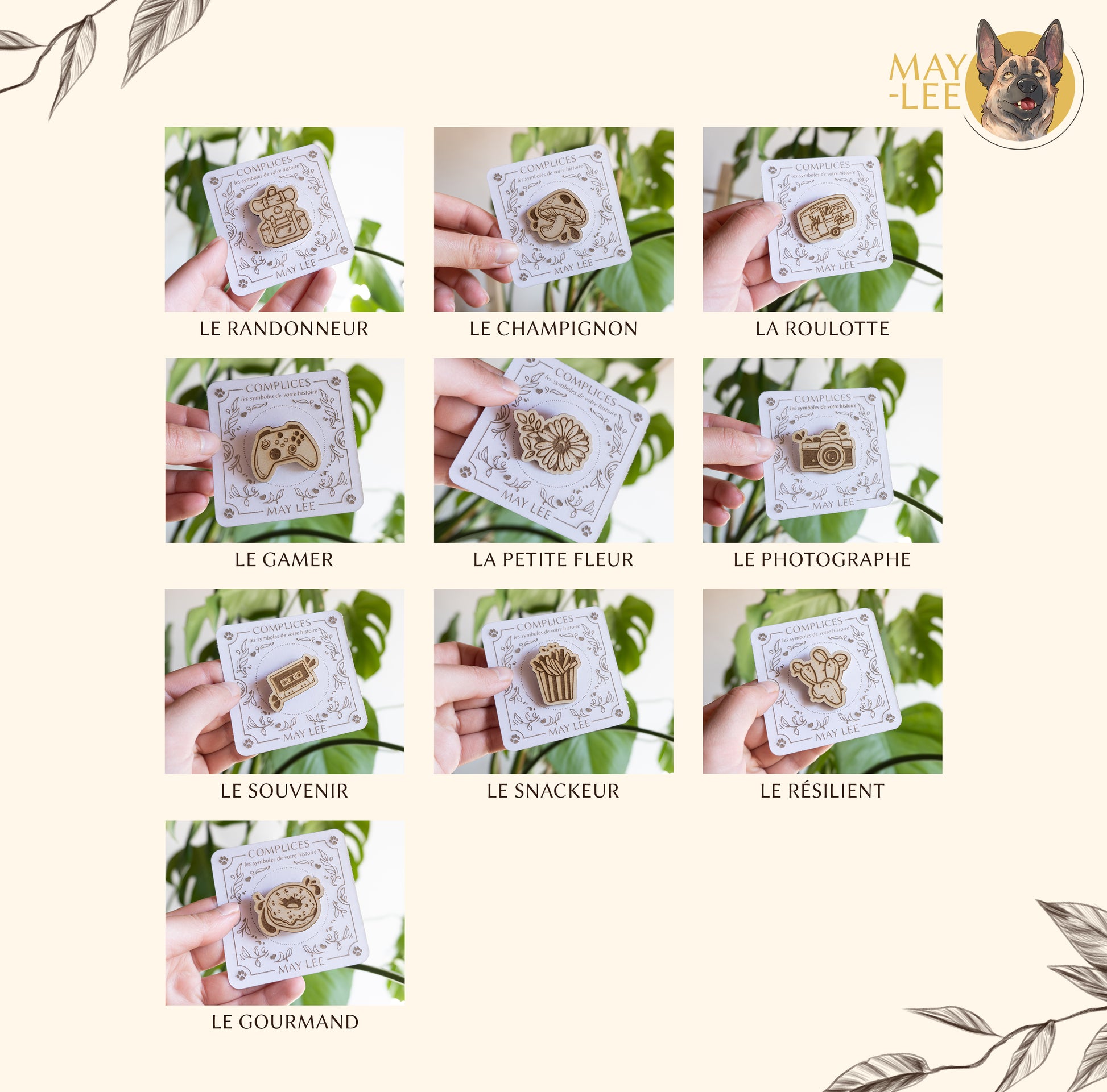 Illustrations mignonnes en bois, découpe laser, attaché pin’s, fleur, champignon, appareil photo, donut’s, collection Complices de chez MayLee